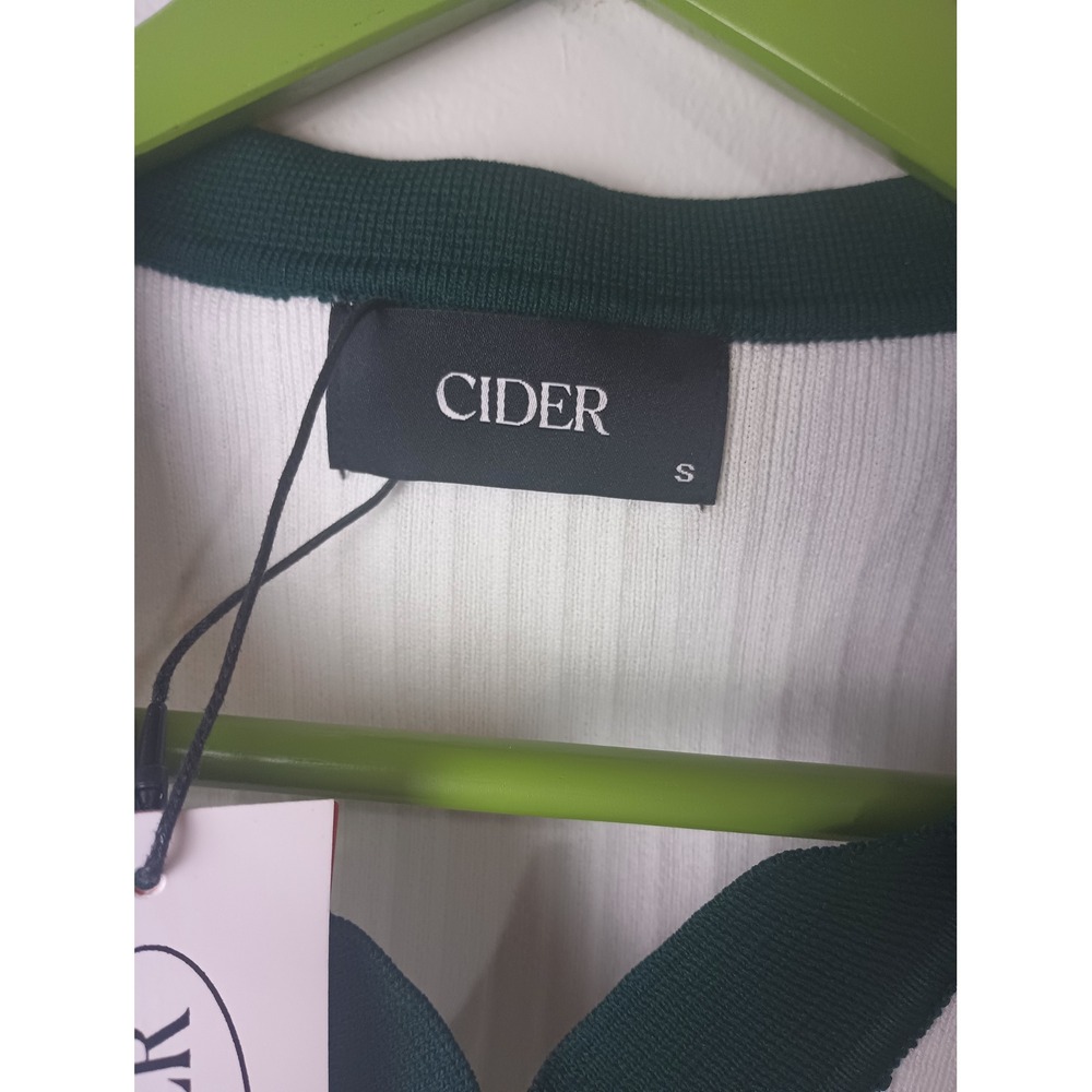 Cider Womens White Green Ribbed Knit Crop Polo Top Varsity Stripe Small NWT - Picture 2 of 4